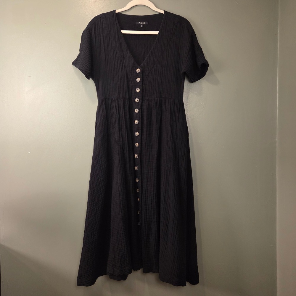Madewell Women's 100% Cotton Lightspun Button Front Midi Dress Black Size XS
